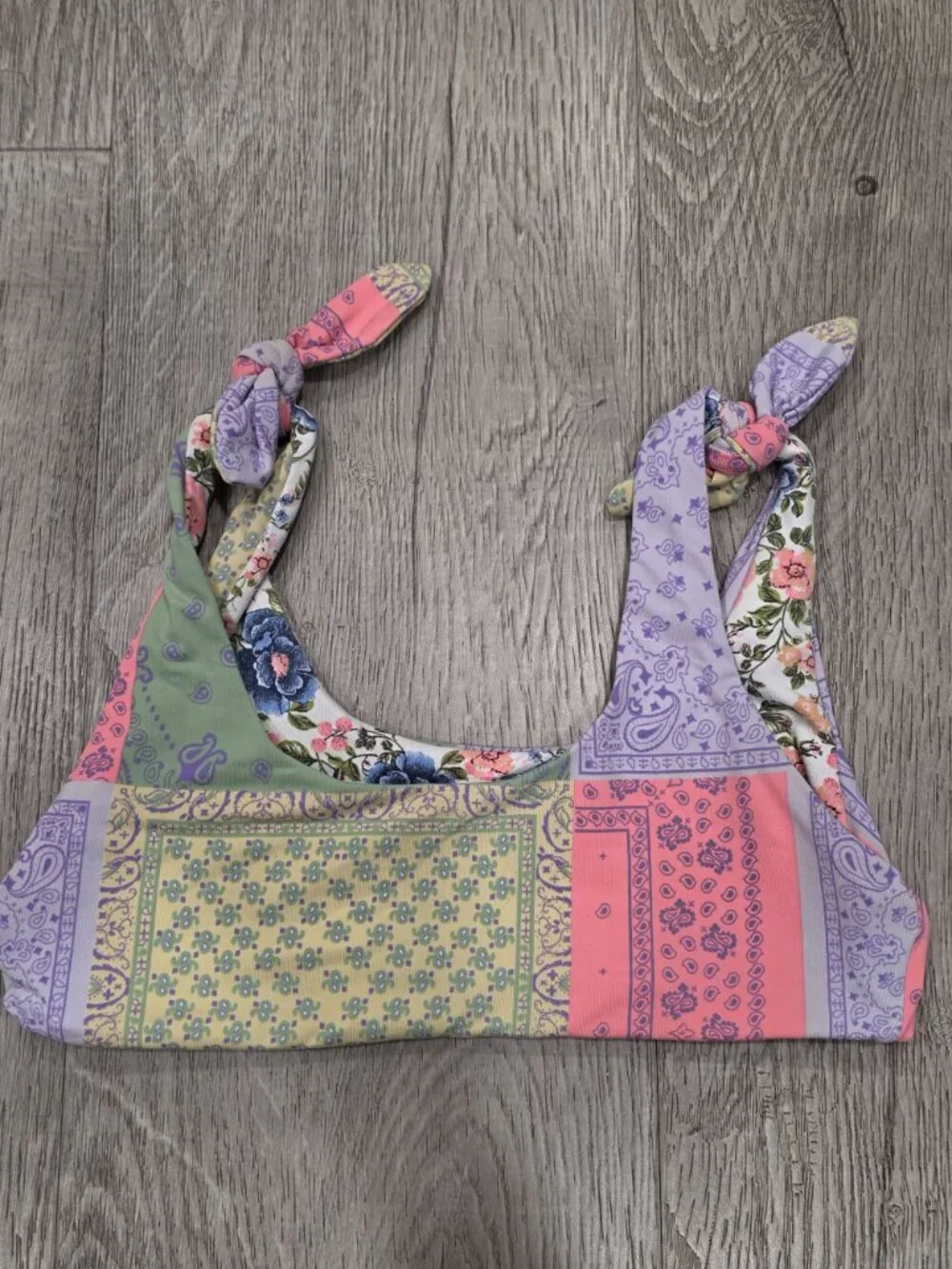 Maaji reversible Floral & Patchwork Bikini Top Adjustable Tie Straps Swimwear